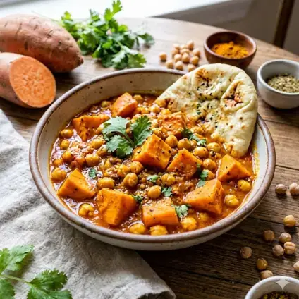 Sweet potato and chickpea curry with naan