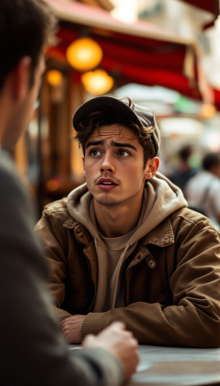 A traveler at an outdoor cafe looking anxious as a waiter speaks to them