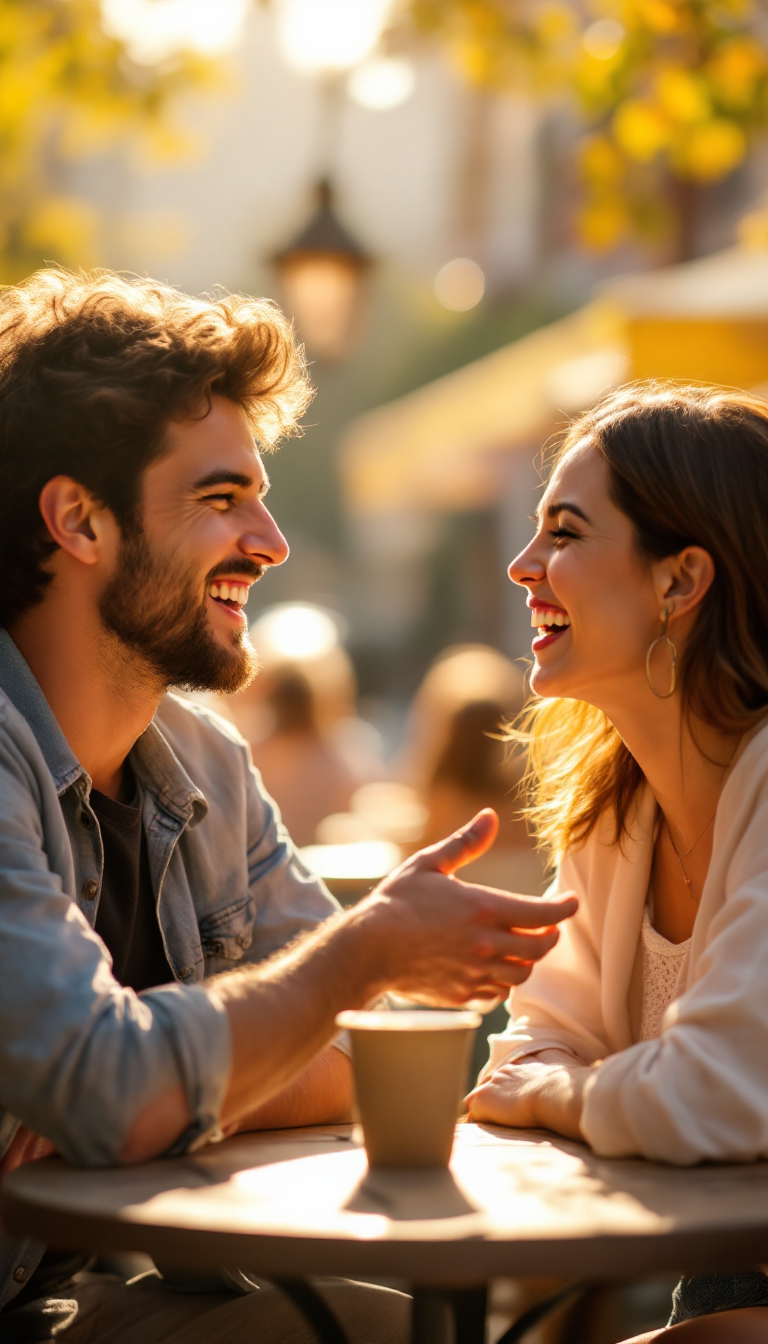 Two friends laughing and talking easily at a sunny outdoor cafe