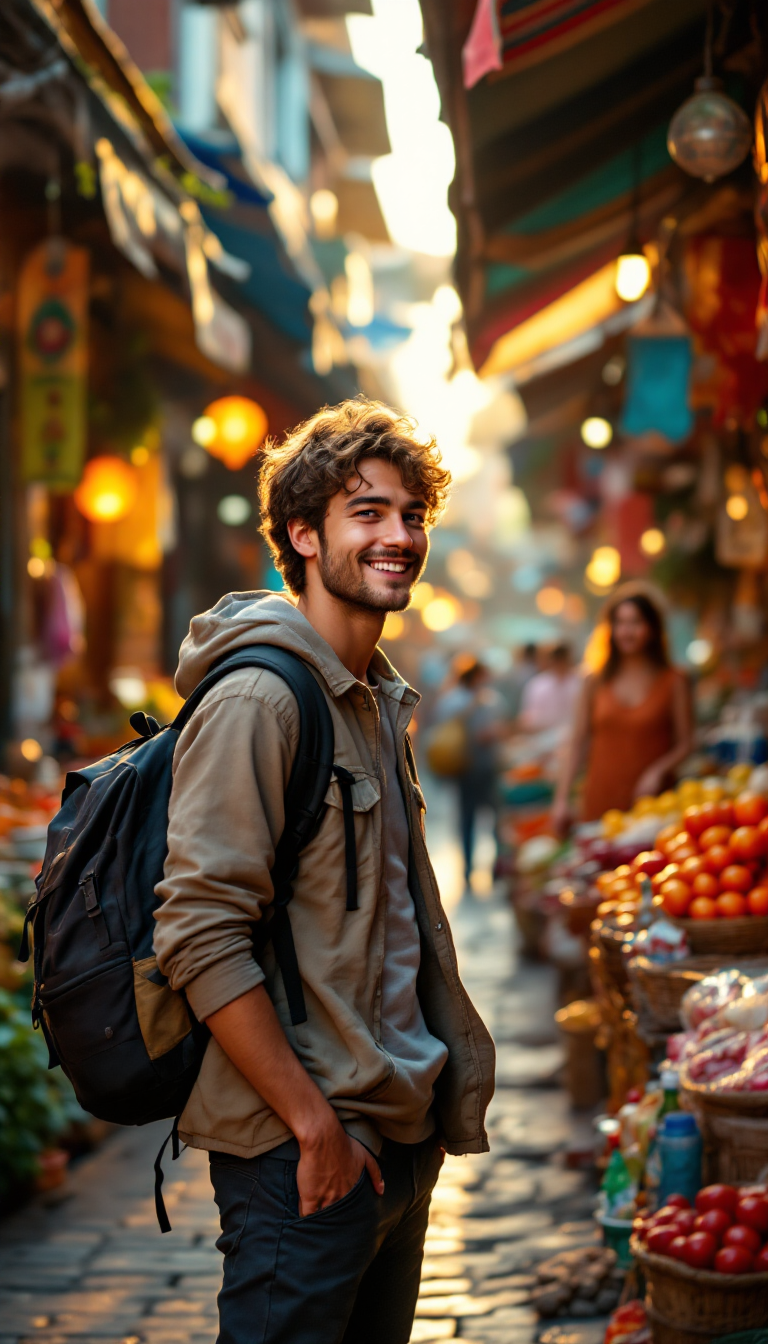 A happy traveler talking with a friendly local vendor in a colorful street market